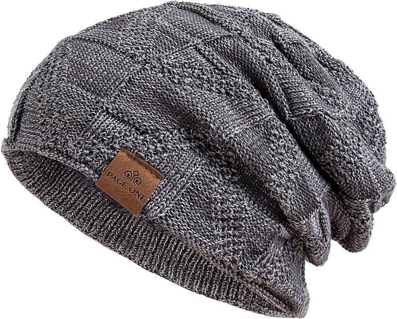 PAGE ONE Mens Winter Slouchy Beanie Warm Fleece Lined Skull Cap Baggy Cable Knit Hat - Image 1